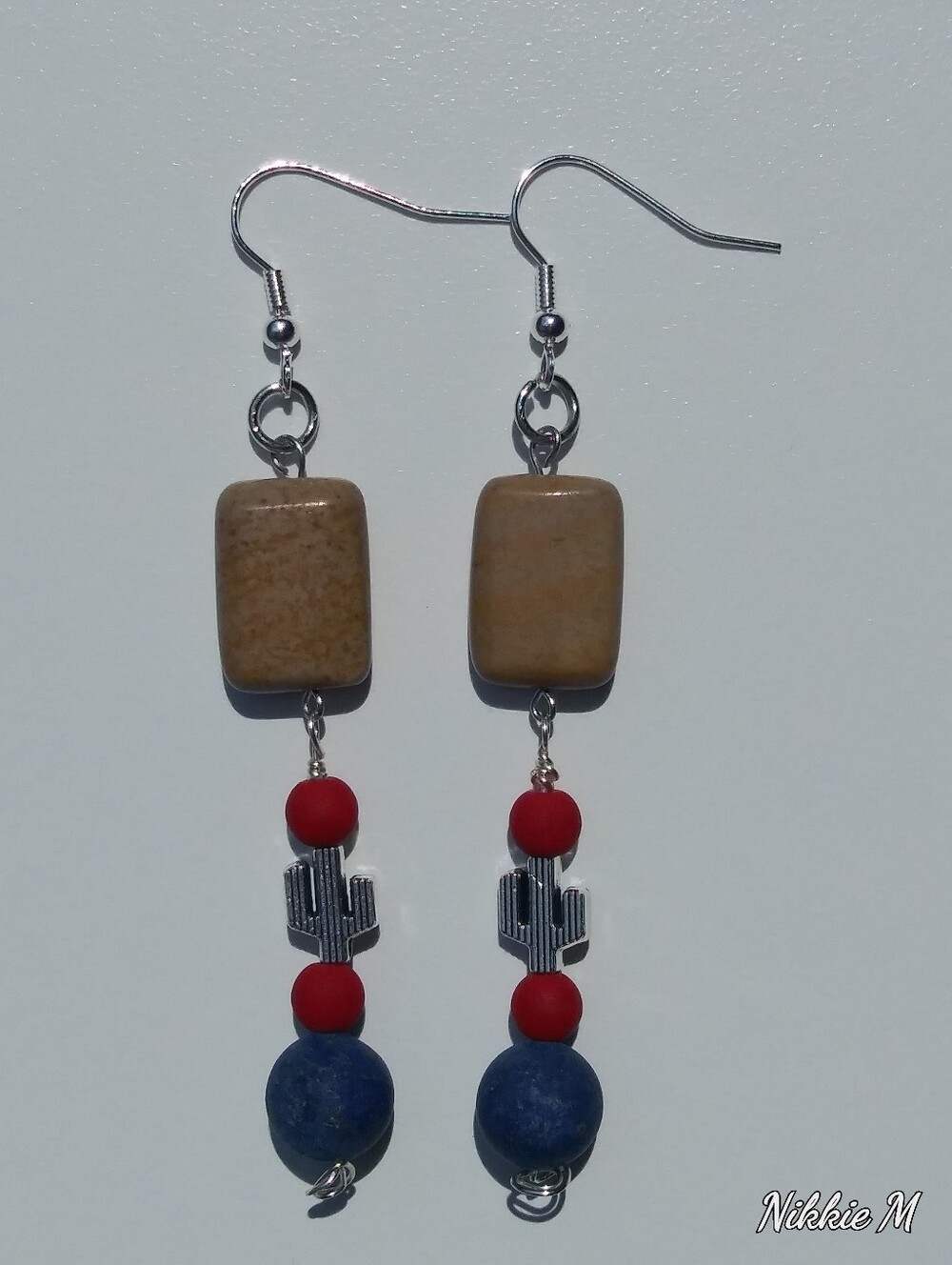 Handmade Blue and Red Bead Dangle Cactus Earrings with Tan Stone
